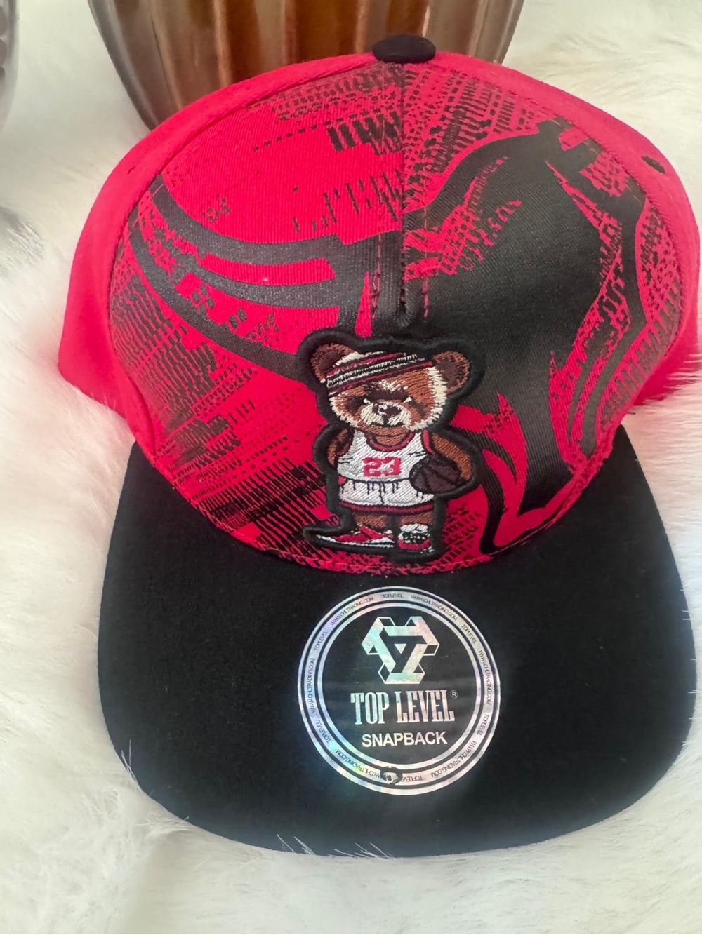 Top Level Red and Black Bear Graphic Snapback Hat